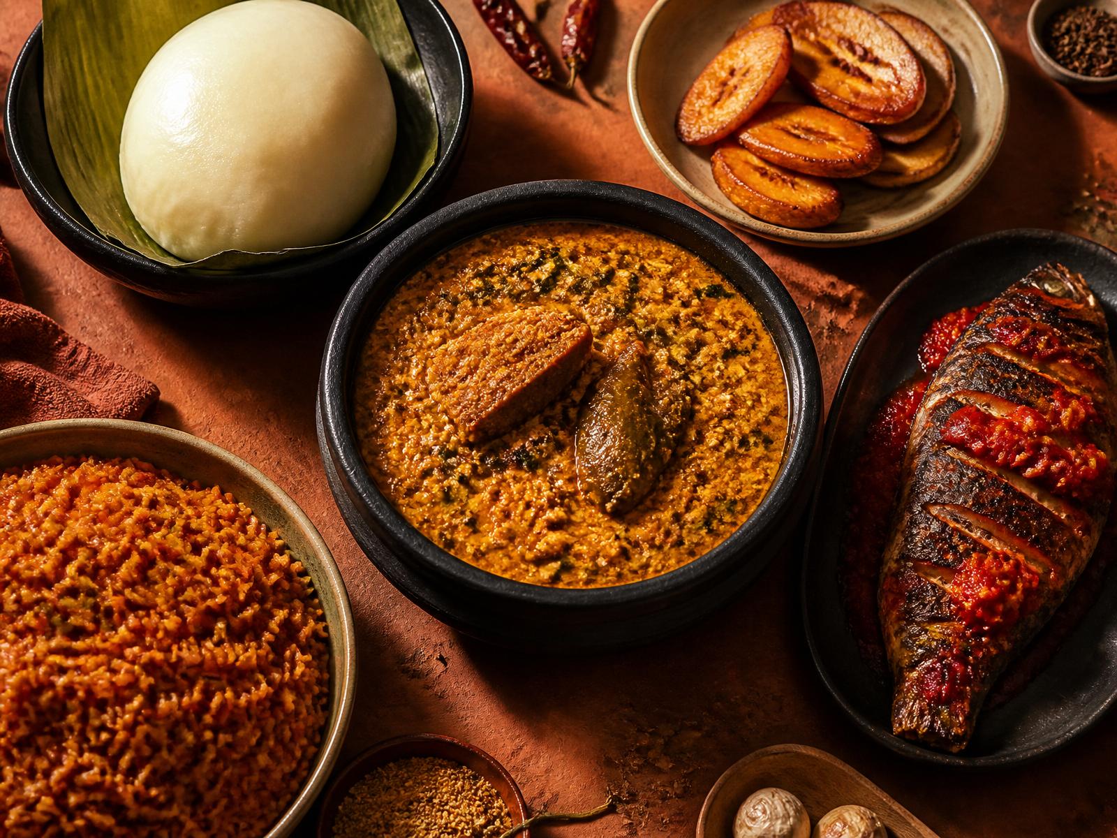 Nigerian egusi soup with pounded yam, jollof rice, fried plantain and grilled fish